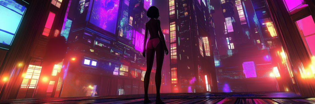 A figure stands amid a cityscape of neon skyscrapers